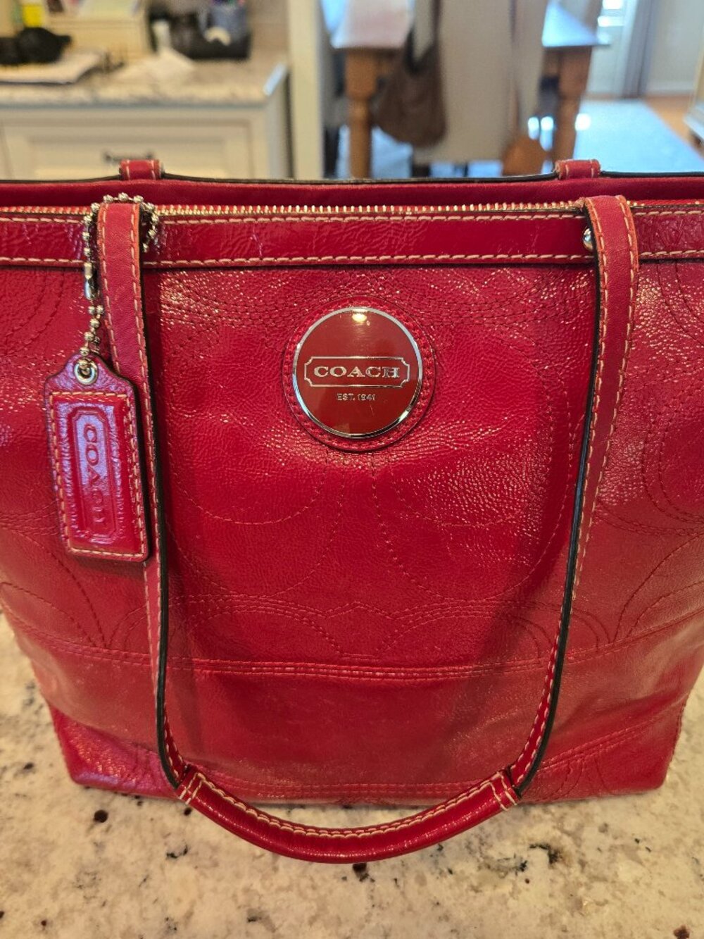 Coach F15142 Red Patent Leather Signature Embossed Tote Bag Crimson